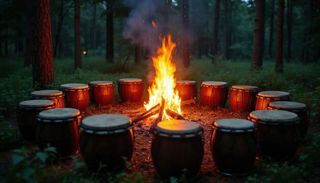 Drums circle around campfire in forest at night. Many people gather to play music, share rhythm, and create community warmth during ritual. Peaceful outdoor celebration under dark trees.