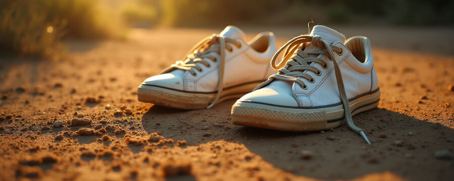 Old white sneakers rest on dirt path bathed in warm sunlight. Worn canvas shoes with loose laces show signs of past adventures. A simple outdoor scene.