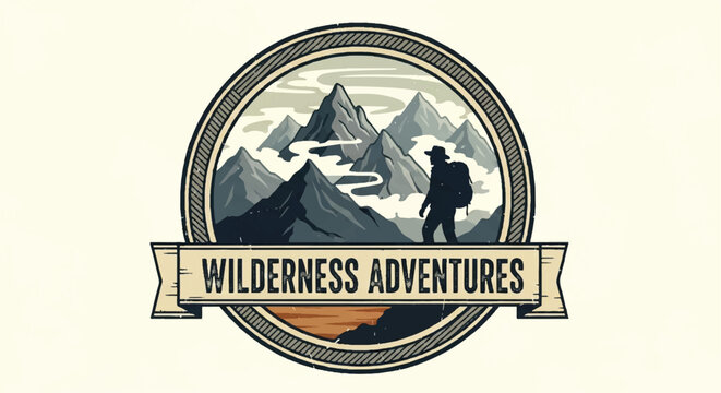 Adventure logo silhouette of hiker and mountain landscape