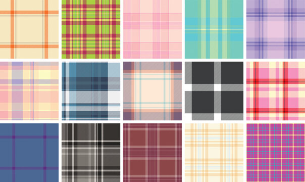 Plaid collection for casual fashion inspired by England and lumberjack tradition. Vector tartan designs suit apparel, blankets, scarves, and digital papers.