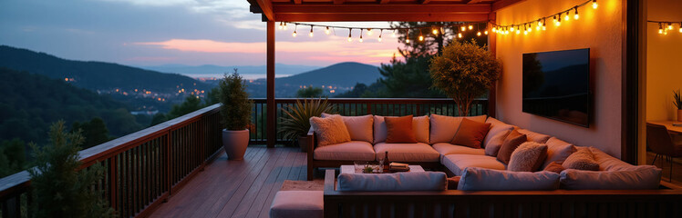 Obraz premium Outdoor deck at twilight with sectional couch and TV. String lights glow above lush hills and distant town lights. A comfortable space for evening relaxation and entertainment.