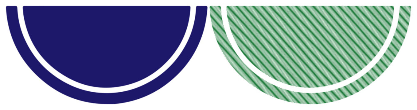 Two contrasting semicircles with white borders, one solid blue, the other green with diagonal stripes