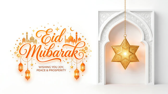 Eid al-Adha Mubarak - Bright White Eid Mubarak Greeting with Golden Arch and Lantern