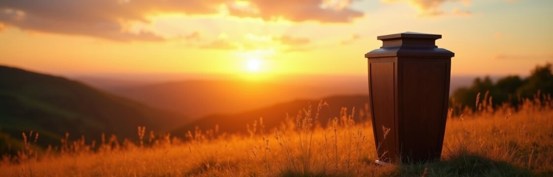 Funeral urn stands on grassy hill at sunset. Ashes scattering into serene landscape as final tribute. Peaceful remembrance, emotional closure, life cycle continuation.