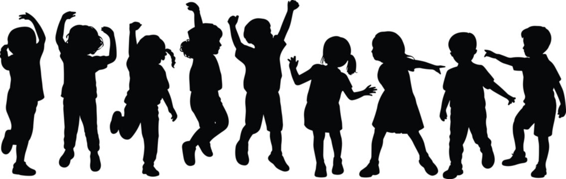 Playful silhouettes of children standing, jumping, and dancing in creative poses for design, illustration, and joyful concept artwork