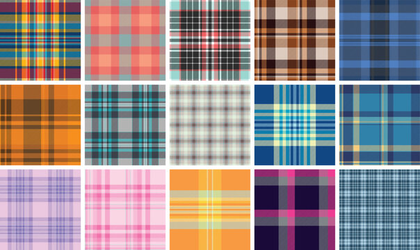 Plaid bundle designed for fashion, stationery, and digital applications. Coordinated tartan repeats ensure consistency across mediums.