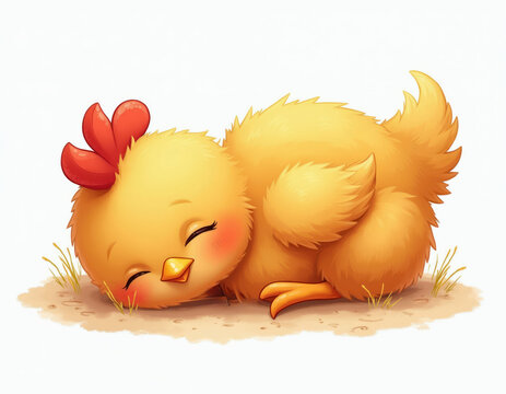 Cute cartoon chick slepic on ground with grass. Yellow fluffy bird rests peacefully. Adorable farm animal illustration for kids books and baby shower designs. Joyful character on white.