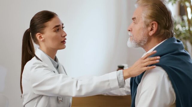 A female doctor speaks with a senior man at a clinic. They are engaged in a conversation about care options. The room has medical supplies and a warm atmosphere.