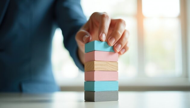 Person builds tower with colored wooden blocks. Hand places last block on stack. Symbolizes growth stability balance risk planning strategy and decision making. Strategy construction development.