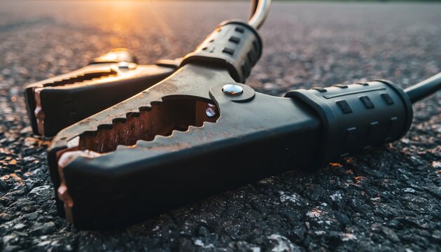 Close-up view of heavy-duty jump starter cables with alligator clips resting on dark asphalt at sunset.