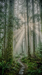 Fototapeta premium Misty forest with sunbeams filtering through tall trees on a hiking trail surrounded by moss and ferns in a serene natural environment