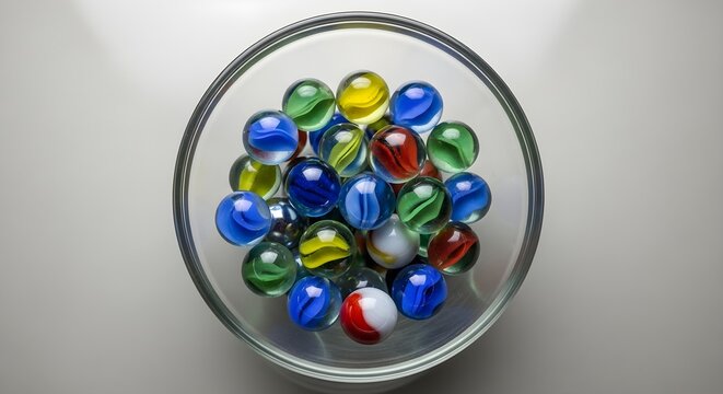 Vibrant Glass Marbles in Clear Bowl - Top View of Childhood Game Toys