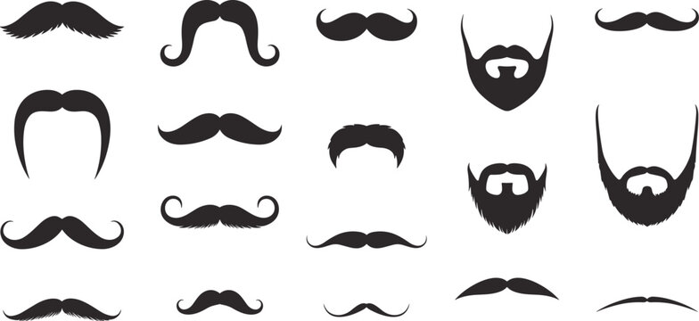 Collection of black silhouette mustaches and beards on white background facial hair