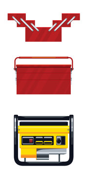 Vector set of technical equipment assets. Flat design open and closed red metal toolboxes and portable gas power generator. Professional tools for repair, maintenance, and emergency power.
