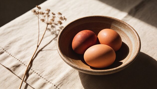Natural Brown Eggs in Ceramic Bowl on Linen Fabric &ndash; Minimal Rustic Food Background with Warm Sunlight for Cooking, Product Display, Menu, Packaging, Branding and Marketing Design.