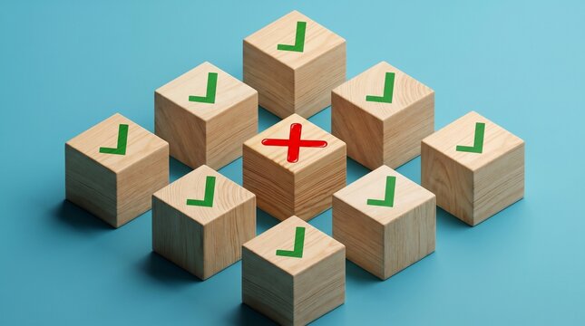 A central wooden cube marked with a red "X" stands out among surrounding cubes bearing green checkmarks. This represents an error, rejection, or nonconformity within a standardized system.