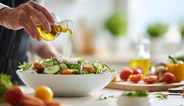 A skilled chef carefully pours a stream of golden extra virgin olive oil from a glass bottle onto a vibrant bowl of fresh garden salad in a kitchen