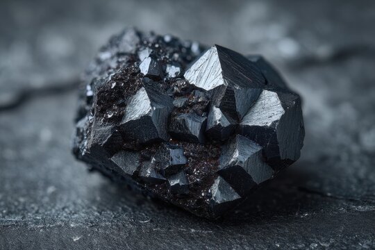 Crystalline magnetite rock: black mineral with sharp facets and natural sheen