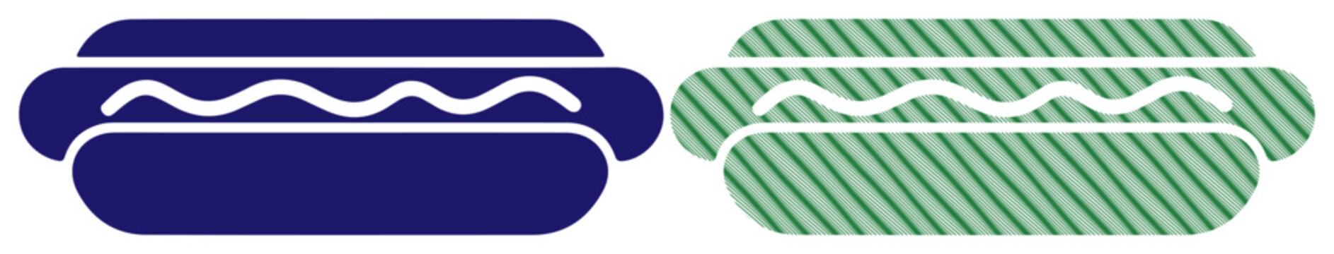 Stylized hot dogs with wavy lines representing condiments, one solid blue, one green striped
