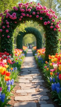 Stone path leads through lush garden arbors. Colorful tulips and roses bloom beside walkway. Green plants and trees create a natural archway. Peaceful spring day.