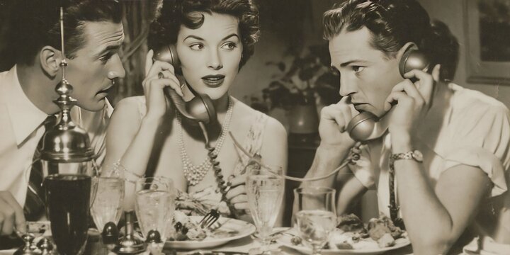 Vintage image of retro couple using phones while eating dinner