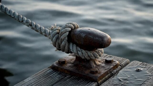 Close-up of a weathered dock cleat with a secured rope against a blurred ocean background during daylight hours