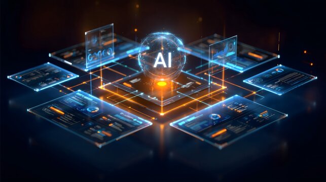 Artificial Intelligence Chip on Futuristic Circuit Board with Glowing Data Connections