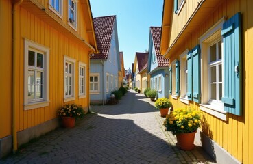 Fototapeta premium Colorful houses line cobblestone street. Yellow and blue painted homes feature white windows and shutters. Potted yellow flowers add bright accents along narrow walkway, creating picturesque scene.