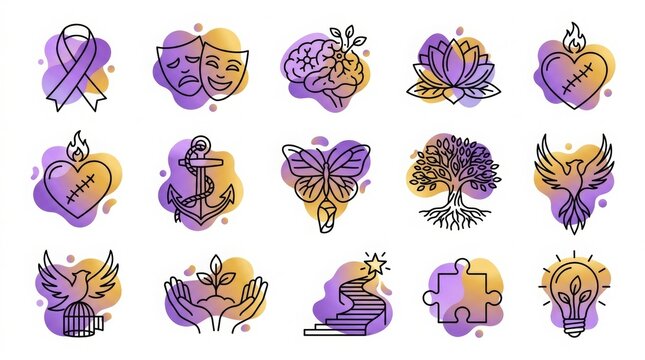 Artistic Line Art Icons with Abstract Blobs for Trauma Healing