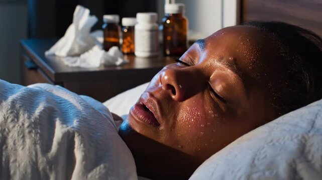 Woman Experiencing A Fever Laying in Bed, Illustrating Sickness and Illness Clearly