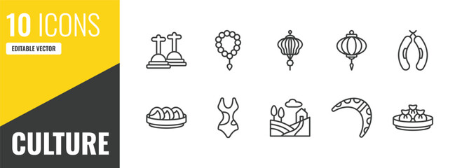 culture outline icon set. 10 linear vector for ui, web and mobile. thin line cemetery, beads, paper lantern icons. © Farahim