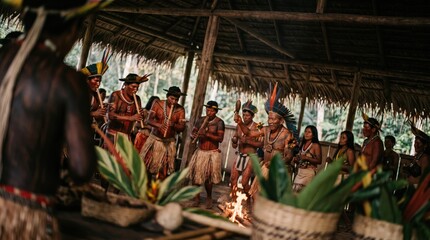 Obraz premium Indigenous Amazonian people in traditional attire performing a ritual around a fire