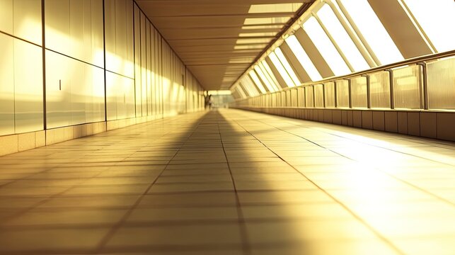 Futuristic pedestrian walkway flooded with warm golden hour light, strong geometric lines and long shadows guiding the eye to a distant exit and vanishing point of progress