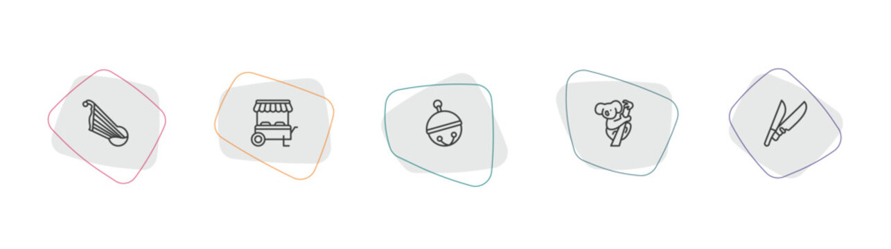 culture outline icon set. linear vector for ui, web and mobile. thin line kankles, food stall, sleigh bell icons.