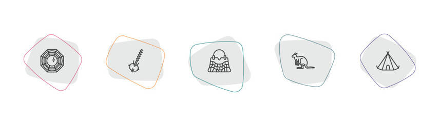 culture outline icon set. linear vector for ui, web and mobile. thin line pa kua mirror, kora, crocodile leather bag icons. © Farahim