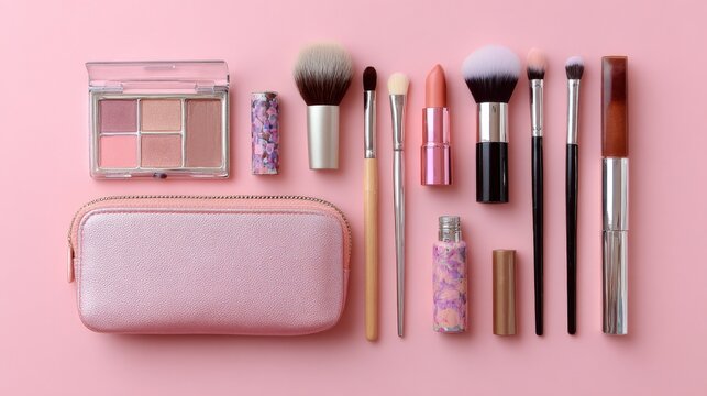 Pink makeup essentials with brushes lipstick palette and cosmetic bag arranged on pastel background