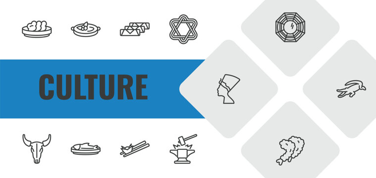 culture outline icon set. linear vector for ui, web and mobile. thin line onion patties, crema catalana, egg roll icons.
