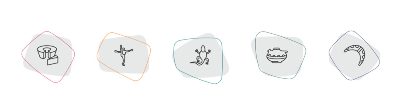 culture outline icon set. linear vector for ui, web and mobile. thin line bolo de fuba, capoeira brazil dancers, gecko top view shape icons.
