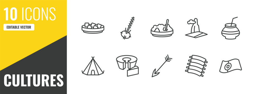 cultures outline icon set. 10 linear vector for ui, web and mobile. thin line beef and garlic, kora, corn with pine icons.