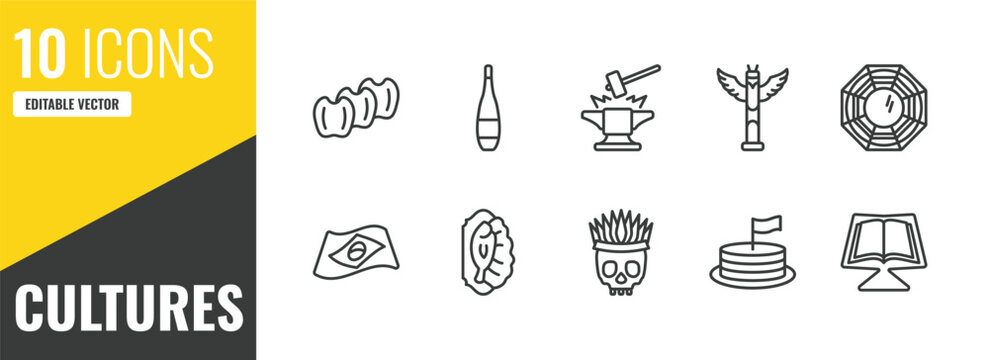 cultures outline icon set. 10 linear vector for ui, web and mobile. thin line ajotomate, orujo, blacksmith icons.