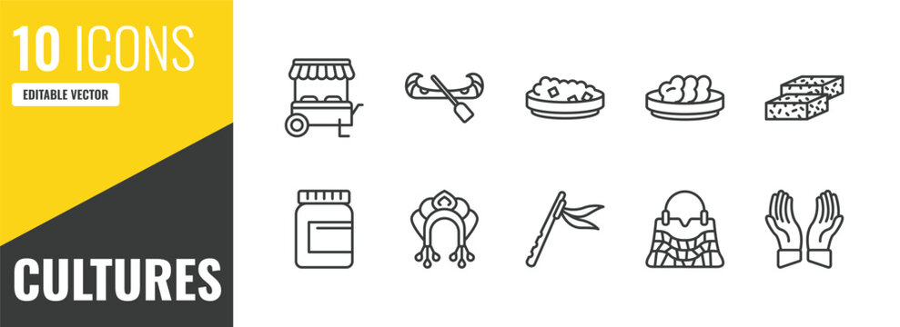 cultures outline icon set. 10 linear vector for ui, web and mobile. thin line food stall, native american canoe, sweet and sour pork icons.