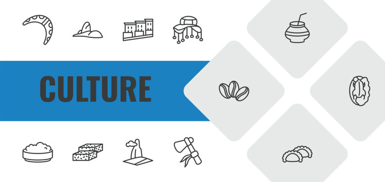 culture outline icon set. linear vector for ui, web and mobile. thin line australian boomerang, rio de janeiro, bo kaap icons.