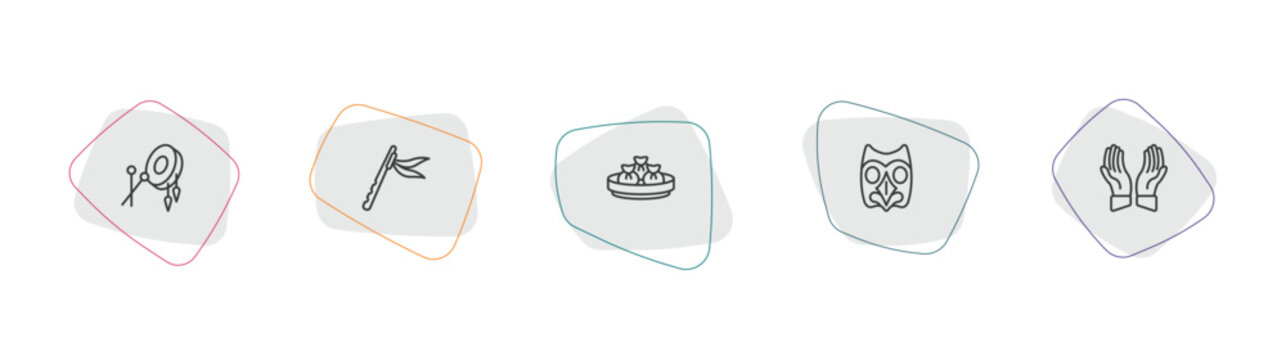 cultures outline icon set. linear vector for ui, web and mobile. thin line native american drum, native american flute, dumplings icons.