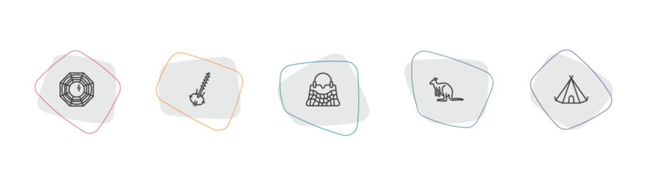 culture outline icon set. linear vector for ui, web and mobile. thin line pa kua mirror, kora, crocodile leather bag icons.