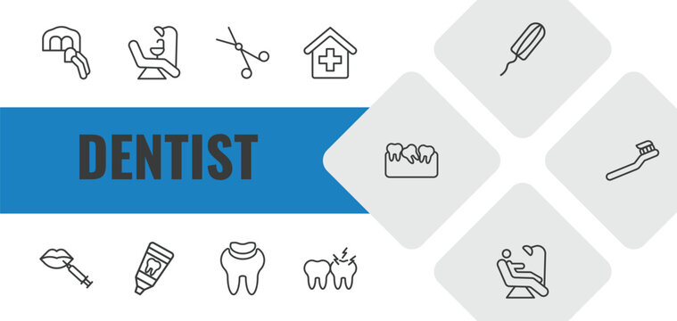 dentist outline icon set. linear vector for ui, web and mobile. thin line dental veneer, dentist chair, dentist scissors icons.
