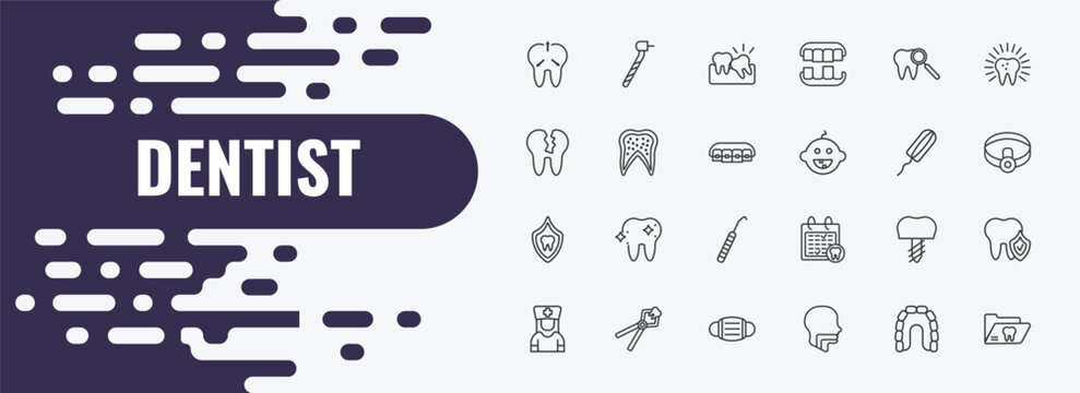 dentist outline icon set. linear vector for ui, web and mobile. thin line dentists drill tool, wisdom tooth, check up icons.