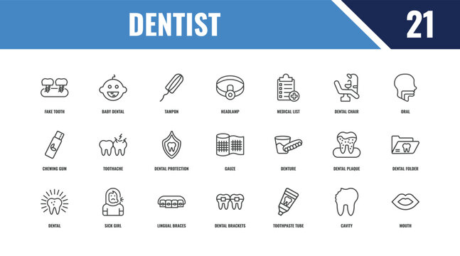 dentist outline icon set. linear vector for ui, web and mobile. thin line baby dental, oral, denture icons.