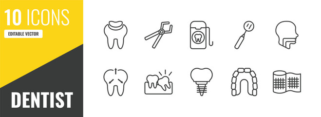 dentist outline icon set. 10 linear vector for ui, web and mobile. thin line dental filling, tooth pliers, dental floss icons. © Farahim