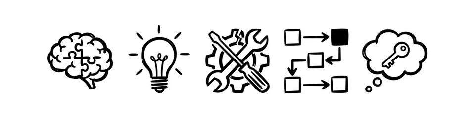 Fototapeta premium Hand-drawn icons depicting the problem-solving workflow: a puzzle brain, lightbulb idea, maintenance tools, process flowchart, and a key solution in a thought bubble. Creative business concept.