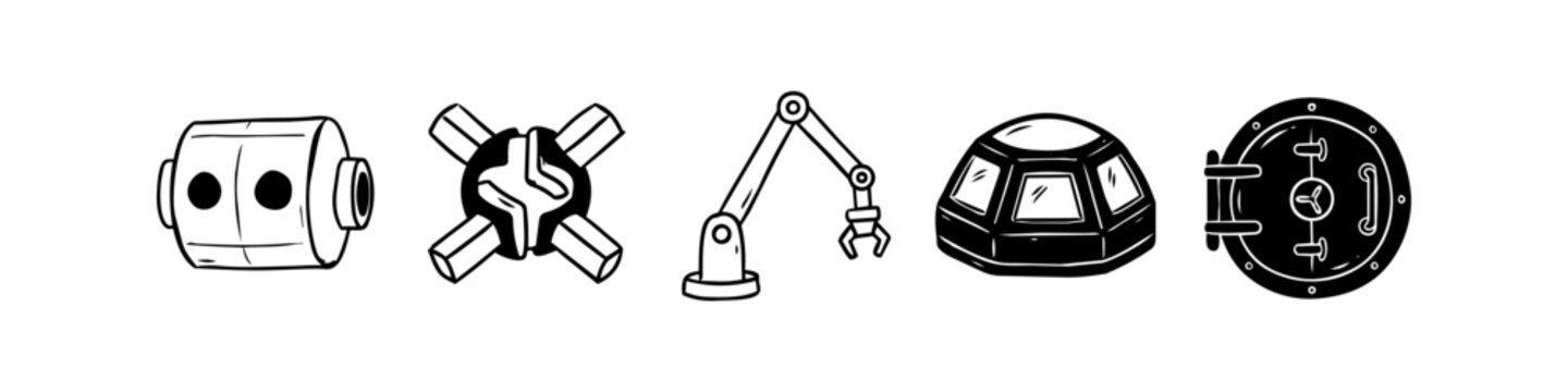 Hand-drawn set of five space exploration and industrial icons featuring a module, connector, robotic arm, habitat dome, and airlock hatch. Ideal for sci-fi, tech, and engineering design.